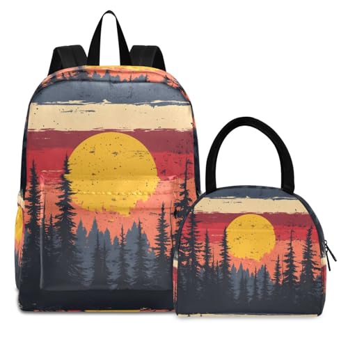 Backpack Lunch Box Set Large Capacity Travel Backpacks and Insulated Lunch Bag for Commute Hiking Picnic Vintage Sunset Forest Print