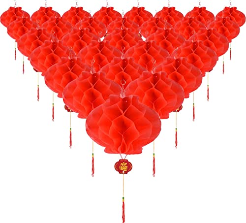 30 Piezas 7,9 Pulgadas Linternas de Papel Rojo，Farolillos de Papel de Plástico Rojos ，Faroles Colgantes ， para decoración de Festivales o Bodas, Color Rojo.