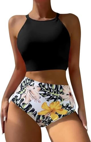 Womens Two Piece Swimsuits Solid Floral Print Bathing Suit Halter Neck Swimsuit Beachwear (M,Black)