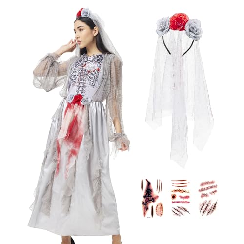 EJWCIG Zombie Bride Costume Women Scary Halloween Dress Costumes Cosplay Carnival Zombie Costume Outfit (Medium)