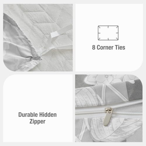 Image of Lekesky Gray Duvet Cover King Size, Grey Comforter Cover King Size Floral Printed Duvet Set, 3 Pieces Soft Microfiber Bedding Set with Zipper Ties (King, 104 inchx90 inch)
