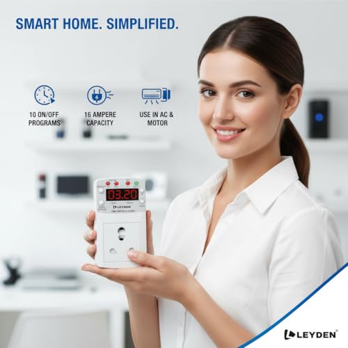 Image of LEYDEN TP-CLK 16A 220V AC Digital Real Time Clock Timer Plug Socket |Automatic ON Off Plug with 10 Programs Per Day | Heavy Duty Timer for Light, Water Pump, Motor, AC, Geyser (1)