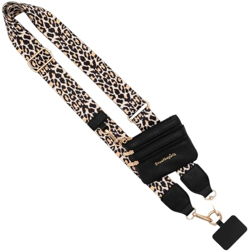 Image of Save the Girls Original Clip and Go Phone Strap (Leopard - Black Pouch) - Crossbody Phone Strap Chain with Zipper Wallet Pouch - Phone Lanyard with Zippered Pouch
