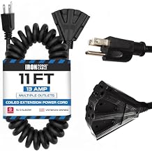 Iron Forge Cable SJEOW 3 Outlet Black Outdoor Coiled Extension Cord 11 ft, 16/3 13 Amp Oil Resistant & Flame Retardant 3 Prong Coiled Wire for Outdoor & Indoor Pigtail
