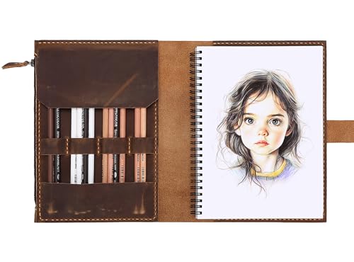 Fasjosma Leather Sketchbook Cover for A5/5.5"x8.5" sketch pads - Handmade Genuine Leather Artist Case with Pencil Holder & Zipper Pocket, Professional Drawing Supplies (Brown, 5.5"x8.5")