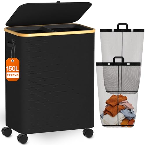Image of Double Laundry Basket with Wheels and Lid, 150L Clothes Hampers for Laundry | Large Laundry Hamper with 2 Sections & Removable Liner Bags, Rolling Dirty Clothes Basket for Bedroom Bathroom Dorm College