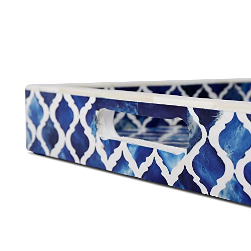 Handicrafts Home Moorish Moroccan Pattern Inspired Trays Ideal Ottoman Tray Multipurpose Bone Inlay Serving Tray Or Simply Use As A Decorative Trays 11X17 Inches, Blue White #TOP6