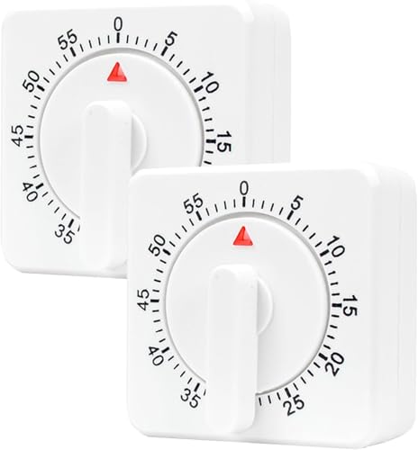 2 Pcs Kitchen Timer with Alarm : Square 60 Minute Mechanical Visual Cooking, Time Management Tools Hour Manual Countdown Timer for Baking, Homework, Exercise Auto Off No Batteries Required White