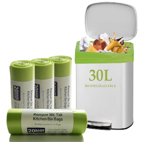 Image of Rwoyurr 30 Litre Compostable Bin Liners, 80 Counts Thicken Biodegradable Food Waste Bags, Recycling Pedal Trash Bag Compost Caddy Liner Tall for Kitchen Office Bathroom 8 Gallon, Green, 60 X 65cm