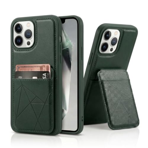 Image of amazon basics Premium Vegan Leather Back Cover with Card Holder and Integrated Mobile Stand for iPhone 14 Pro Max - Slim Shockproof Wallet Case with Geometric Stitching [Green]