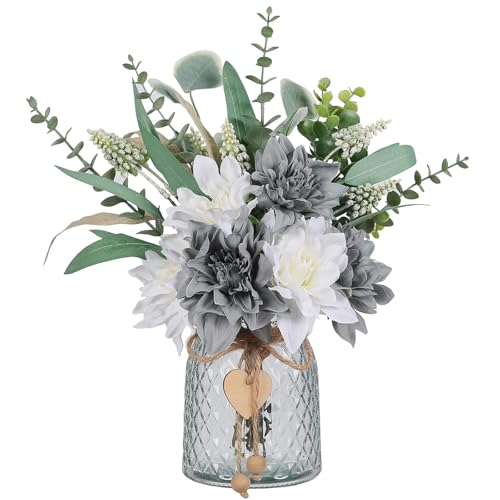 Faux Flowers with Vase, Artificial Silk Flowers in Vase, Fake Plant Eucalyptus and Willow,Flower Arrangement for Home Farmhouse kitchen Dining Table Centerpiece Decorations Table Decor (Grey Blue)