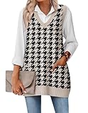 Zeagoo Houndstooth Vest for Women Sleeveless V Neck Fall Sweaters with Pocket Trendy Knit Wear