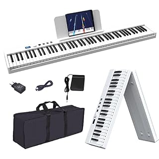 OYAYO Piano pliable avec 88 touches avec écran LCD et boutons semi-lestés – Prise en charge MIDI Bluetooth – Clavier piano numérique avec sac de piano pour enfants – Cadeau d’anniversaire (blanc) - Les Beatles, Paul McCartney, John Lennon, RIngo Starr, George Harrison