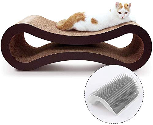 ScratchMe Cat Scratching Post Lounge Bed, Cat Scratcher Cardboard Board Pads Catnip and Groomer Brush