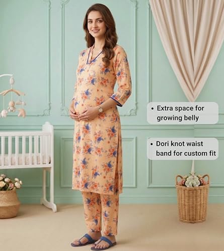 Image of DUMMY SHAPE Maternity Dresses for Women Cotton | Floral Kurta Pant Dupatta Set with Nursing Zippers, Side Pocket | Pre & Post Pregnancy | Feeding Kurti Suit | Baby Shower | Gifts for Pregnant Woman