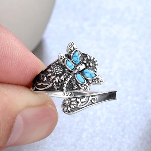 S925-Sterling-Silver Abalone Dragonfly-Turquoise Spoon Ring - Vintage Boho Sunflower Thumb Oxidized Wrap Rings Victorian Style Antique Floral Jewelry Gifts for Women2