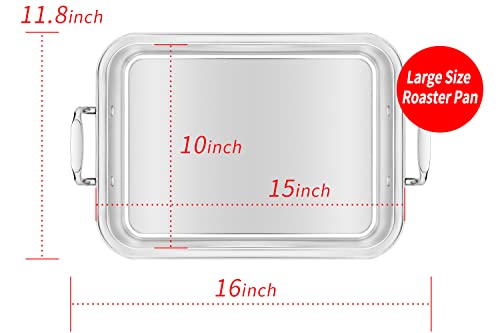 15 Inch Stainless Steel Roasting Pan with Cooling Rack - Turkey, Chicken, Ham Roaster with V-Shaped Baking Rack by Kendane