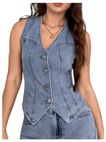 MakeMeChic Women's Denim Vest Tops Sleeveless Button Down V Neck Asymmetrical Hem Crop Jean Vest