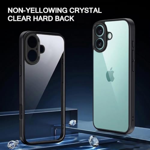 Image of VONZEE Clear Transparent Back Cover Case for iPhone 16 with Camera Protection Anti Yellow Slim Fit Anti-Fingerprint & Lightweight Protective Cover-Black