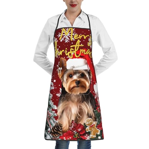 nopicsn Merry Christmas Yorkshire Terrier Yorkie Apron for cooking with Pockets Women Men Kitchen Chef Funny Aprons