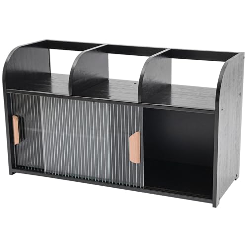 iSamLam Kitchen Countertop Cupboard, Wood Storage Cabinet with 2 Sliding Glass Doors, Freestanding Pantry Sideboard for Bottles Dish Bowl Organizer, Black