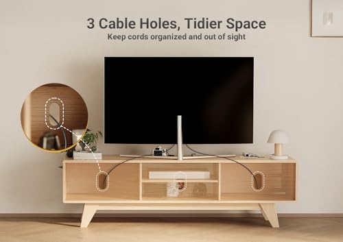 Image of Claiks Boho TV Stand for 70 Inch TV, Modern TV Console with 2 Rattan Storage Cabinets & Adjustable Shelf, Woven TV Stand for Living Room, Oak Color