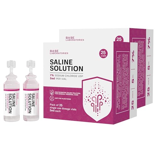 BASE LABORATORIES 7% Saline Solution Vials - Versatile 7% Sodium Chloride Saline Ampoules - Preservative Free Saline Solution Single use vials - USP Grade 50 Vials x 5ml Count