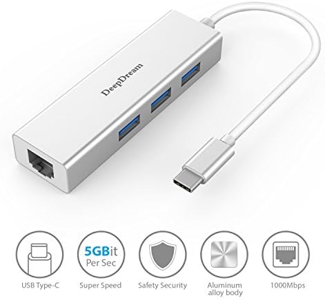 Configear Type C Adapter to RJ45 Gigabit Ethernet with 3 Ports USB 3.0 Hub for MacBook, Surface Pro, Notebook, USB Flash Drives, Desktop PC