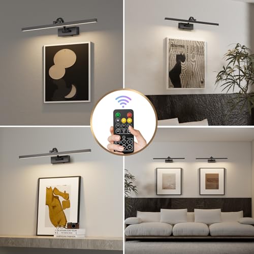 Image of Wireless Picture Lights for Wall,23.5 Inch Black Art Light for Paintings,Battery Operated Picture Lights with Remote Control,Dimmable Rechargeable Art Lamps for Picture Frame,Gallery