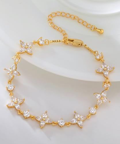 Dainty Gold Silver Bracelet for Women Trendy Non Tarnish 14K Gold Plated Cubic Zirconia Bracelet Simple Butterfly Flower Cubic Zirconia Bracelets Jewelry Gift for Women