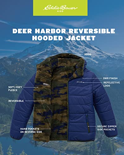 Eddie Bauer Boys' Reversible Jacket - Deer Harbor Waterproof Lightweight Puffer Coat With Faux Shearling Lining (5-20), Size 14-16, Navy #TOP2