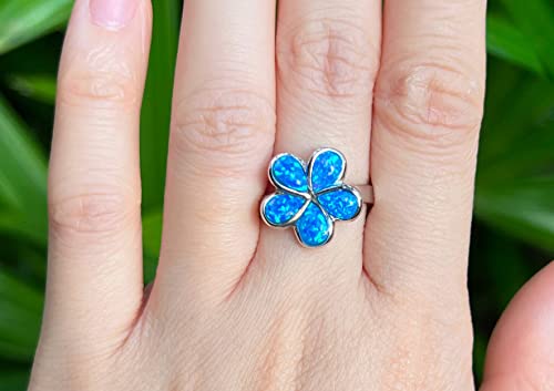 Aloha Jewelry Company 925 Sterling Silver Opal Hawaiian Plumeria Flower Wedding Band Promise Ring, White Blue Opal, Nickel Free Hypoallergenic for Sensitive Skin, Gift Box Included3