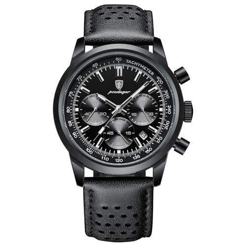 メンズ クロノグラフ クォーツ 腕時計 41mm ? タキメーター付き多機能タイマー、24時間サブダイヤル、日付表示、レザーストラップ、30M防水, 921ブラックシェルとブラックベルト。