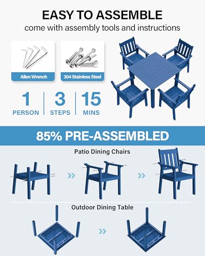 Image of YEFU HIPS Patio Table Set: 5 Piece Outdoor Square Table and Chairs with Metal Aluminum Frame - Blue Modern Plastic Patio Dining Furniture Set 4 Person for Outside Deck