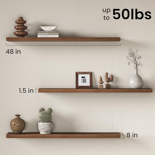 Image of Fun Memories 48Inch Floating Shelves for Wall, 8 Inch Deep Shelves for Bathroom|Bedroom|Kitchen, Large Wall Mounted Wood Hanging Shelf with Invisible Brackets for Home Storage Decor, Brown - 2 Pack