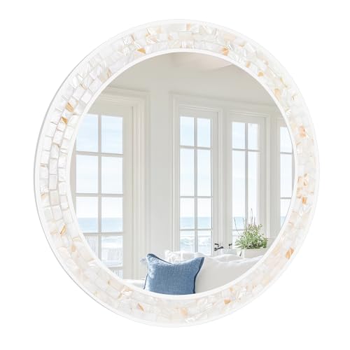Tanmicoshomy Round Wall Mirror 24 Inch,Circle Mosaic Mirror with Natural