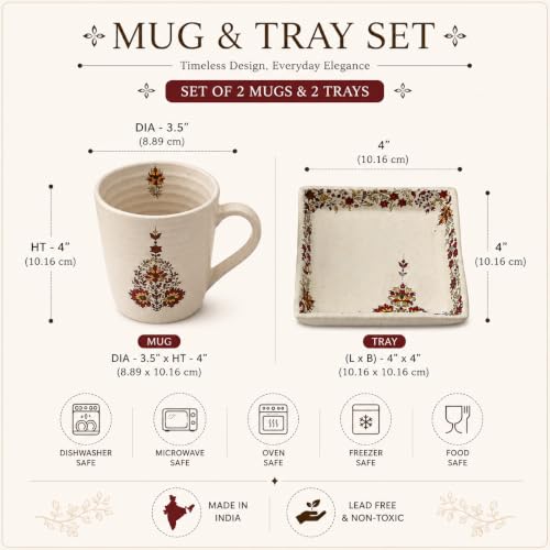 Image of Miah Decor Stoneware Coffee Mugs Set of 2 with 2 Matching Platters | Ceramic Coffee Mug Set | Tea Cups & Mugs | Food Safe, Microwave & Dishwasher Safe | Traditional Ethnic Printed Coffee Mug Gift Set