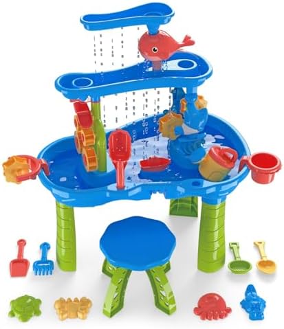 3-Tier Kids Sand Water Table with Chair, Rain Showers Play Table Toy for Sensory Exercise Friendship Building, Summer Beach senssory Toys for Toddler Boys Girls Age 3-5
