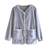 Women's Fleece Bed Jacket Stylish Long Sleeve V Neck Sleepwear Button Front Soft Loungewear Clothes with Pockets Light Blue-M
