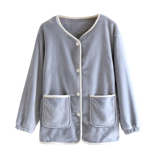 Womens Fleece Bed Jacket Stylish Long Sleeve V Neck Sleepwear Button Front Soft Loungewear Clothes with Pockets Light Blue-M