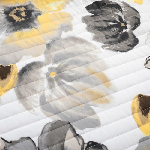 Image of Lush Decor Leah Reversible Floral Quilt Set, 8 Piece Set, Full / Queen, Yellow & Gray - Charming Floral Bedding Set With Pillow Cases, Decorative Throw Pillows & Bed Skirt- Large Watercolor Flowers