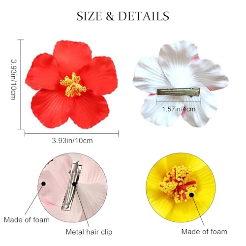 3 Piezas Pinzas para el Cabello con Flores Hawaianas para Mujer, Clips Boho de Flor Plumeria Hibiscus para Vacaciones y Fiestas en la Playa (blanco, amarillo, rojo) miniatura 2