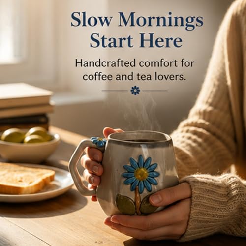 Image of Handmade Ceramic Coffee Mug with 3D Blue Daisy Flower, Handpainted Pottery Tea Cup, Microwave Safe, Dishwasher Safe, BPA Free, 240ml Floral Mug for Coffee Tea & Beverages