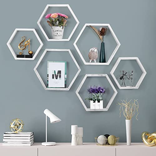 Sehertiwy Hexagonal Floating Shelves Wall Mounted Set Of 6 Wood Farmhouse Storage Honeycomb Wall Shelf For Bathroom, Kitchen, Bedroom, Living Room, Office,Driftwood Finish (Rustic White) #TOP5