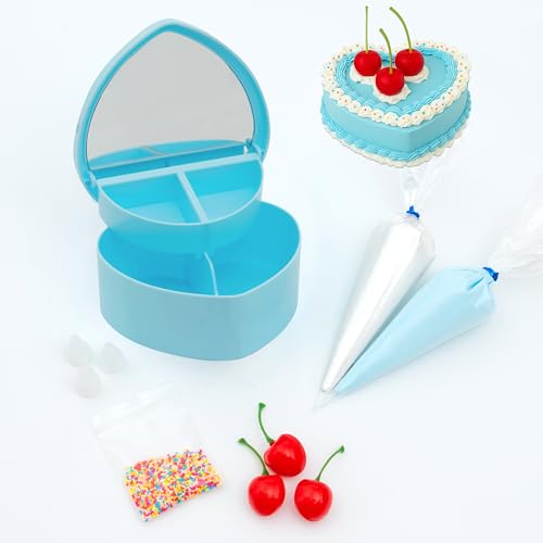 Decoden Fake Cake Kit, Decorate a Heart Shaped Fake Cake Jewelry Box Cream, Fake Whipped Cream Glue, Cherries, Sprinkles & Craft Supplies, Fake Cake Decor (Blue)