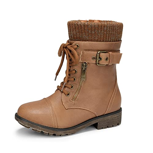 DREAM PAIRS Girl's Mid Calf Combat Ankle Lace up Boots 2 Little Kid Camel