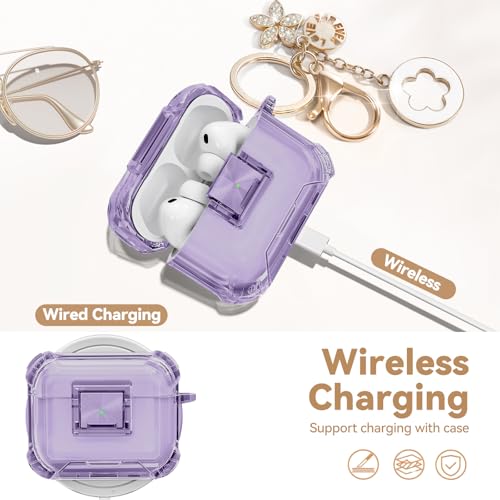 Image of for AirPods Pro 3 Case with Safety Lock,Clear Case Soft TPU Shock-Proof Protective Cover with Cute Bling Keychain and Cleaner kit for Women Girls-Clear Purple