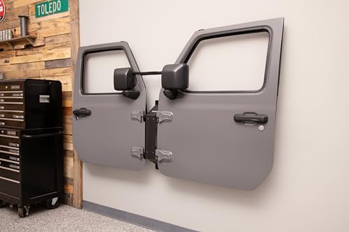 QuadraTop Wall Mount Door Hanger Bracket - 1 Pair - Fits Jeep Wrangler CJ YJ TJ JK JL & Gladiator JT - 16-Gauge Steel - Black Powder Coat Corrosion Resistant Finish - Two Door-Pin Adjustment