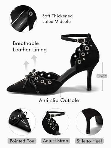 Coutgo Womens High Heels Bow Tie Closed Pointed Toe Stiletto Ankle Strap Studded Suede Dress Shoes4