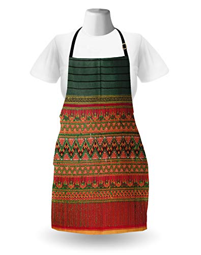 Ambesonne Ethnic Apron, Thai Culture Folk Traditional Bohemian Art With Shabby Funky Influences, Unisex Kitchen Bib With Adjustable Neck For Cooking Gardening, Adult Size, Ruby Green #TOP1